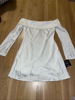 Lulu's White Off-Shoulder Satin Long Sleeve Mini Dress